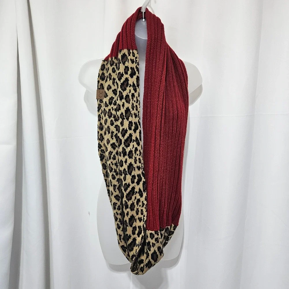 CC Beanie Red Ribbed and Leopard Print Knit Infinity Scarf Women chunky mob wife